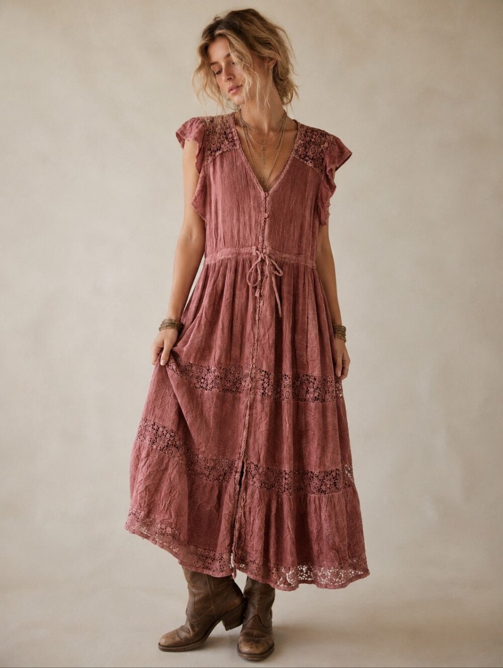 Muche Et Muchette Boho Maxi Dress Size M/L Dusty Rose Floral Lace Tiered Midi